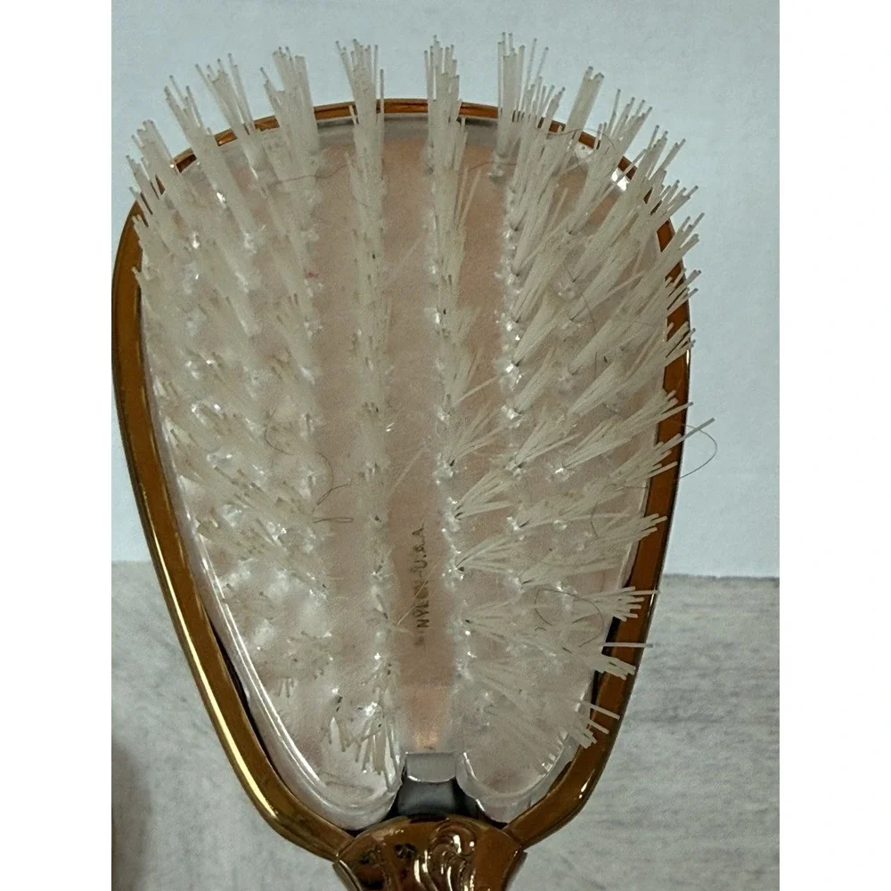 Vintage Gold Tone Hand Mirror & Brush Set Embossed Floral Fluted Handle Vanity